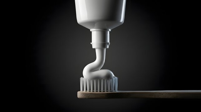 Extreme macro close-up of white toothpaste squeezing onto wooden bamboo toothbrush bristles against black background
