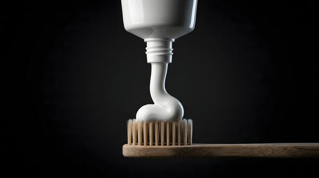 Macro shot of smooth white toothpaste dispensing onto wooden toothbrush bristles on dark background