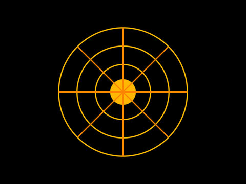 Orange radar grid illustration with central circle and radial lines serves as technical interface element or target symbol.