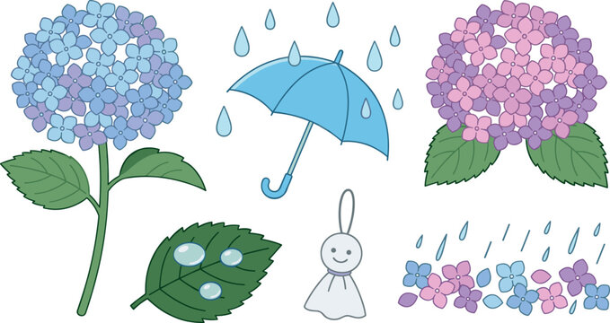 Hydrangea Flower Vector Set for Rainy Season Theme Design with Blue Purple Blossoms Umbrella Raindrops Leaf Dew and Teru Teru Bozu