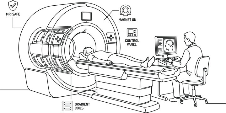 Medical diagnostic MRI machine scanner illustration with patient undergoing brain scan procedure supervised by doctor at computer station