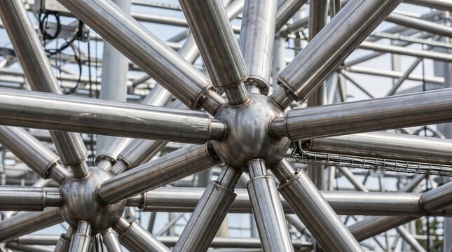 Close-up view of steel tubes meeting at spherical nodes within a modern building structure