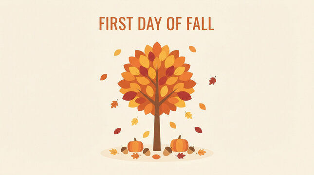 First day of fall typography, autumn tree illustration, orange leaves, seasonal leaf fall art, harvest card background, pumpkin decor, warm beige backdrop design