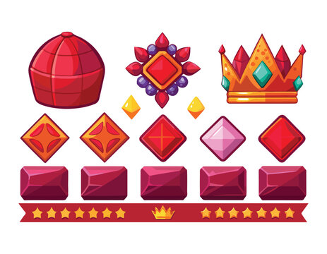 Colorful collection of fantasy gemstones and crown icons for game design