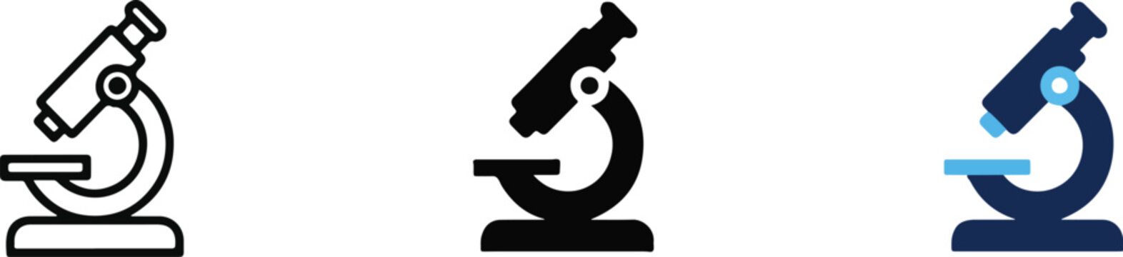 Set of three microscope icons in outline flat and color gradient style.
