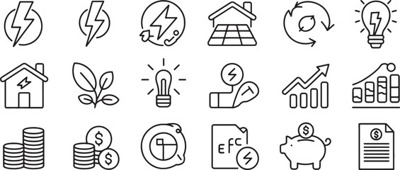 Fototapeta premium Finance Icons Set with Lightning Bolt, House, Leaf, and Money Symbols. Business Illustration, Financial Concept Design.