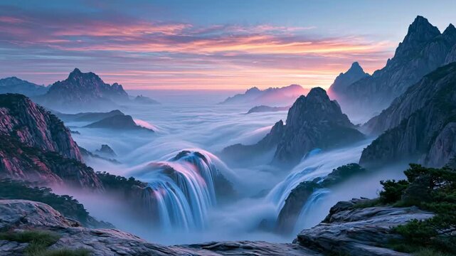  Mountain waterfall above a cloud sea at sunrise