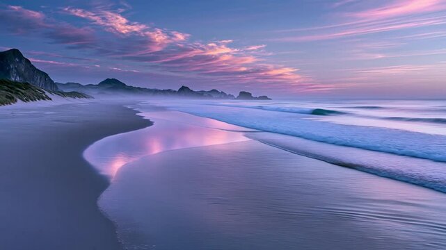  Pink sunset over gentle waves and a quiet beach