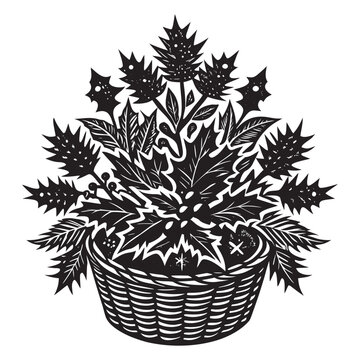 A stylized, digital illustration of a small, festive holiday arrangement centered in the frame against a plain white background. The main subject is a lush, miniature pine tree with vibrant green, nee