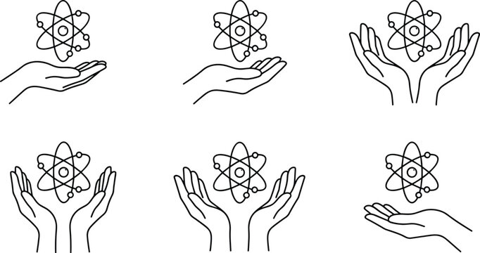 Science Concept Icon Set with Human Hand Holding Atom Models Structure Orbiting Electrons Nucleus Chemistry Physics and Quantum Mechanics Linear Symbols