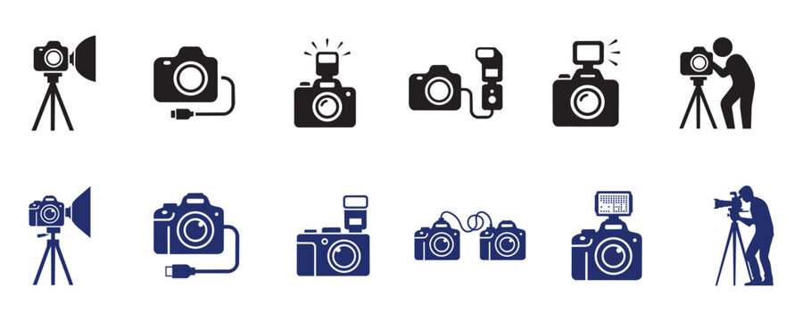Camera icons set professional photography equipment including dslr camera tripod flash for photo studio.