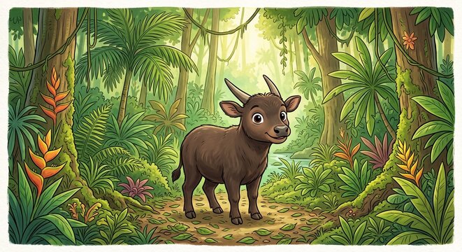 A cute cartoon baby buffalo standing in a lush tropical jungle with vibrant plants and trees.
