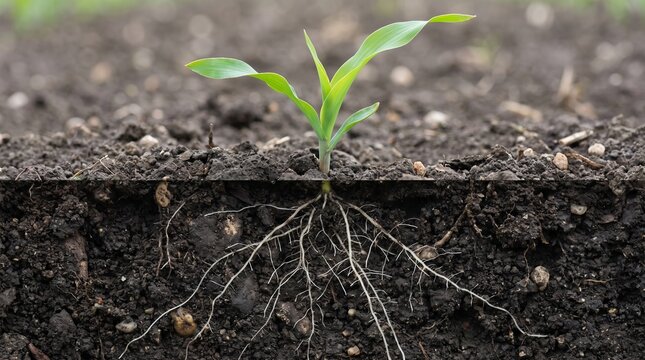 Underground root growth of corn seedlings in dark soil