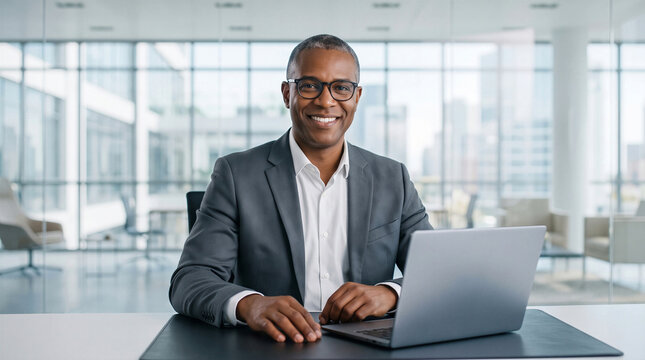 Confident manager businessman smiling with a laptop in a corporate office
