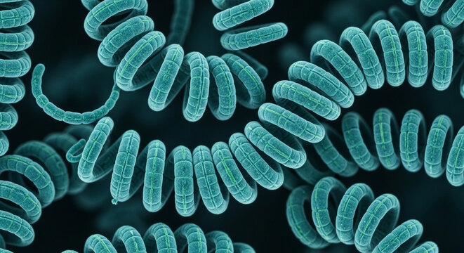 Microscopic view of spiral bacteria or cyanobacteria filaments under electron microscope