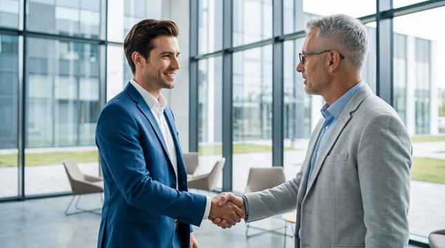 Two smiling businessmen shaking hands in a modern corporate office. Successful deal and corporate partnership
