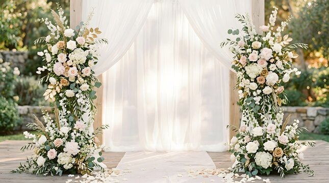 A breathtaking wedding entrance adorned with lush white floral arrangements creating a magical and romantic atmosphere