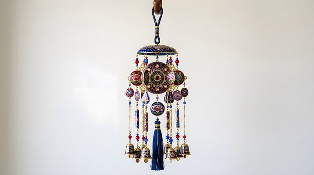 An intricate decorative wind chime featuring vintage silverware and charming repurposed metal elements