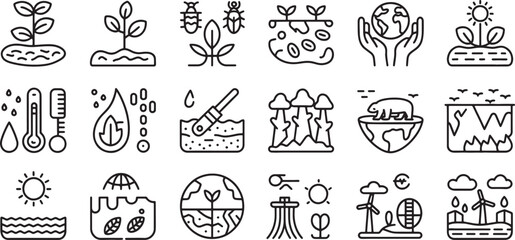 Fototapeta premium Plant Growth Icons Set, Depicting Various Stages of Plant Development, Soil, Water, and Weather Elements