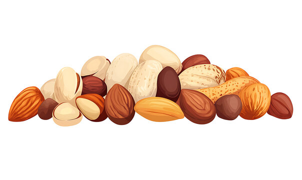 Premium mixed nuts isolated on white background, healthy snack assortment with almonds, cashews, walnuts.