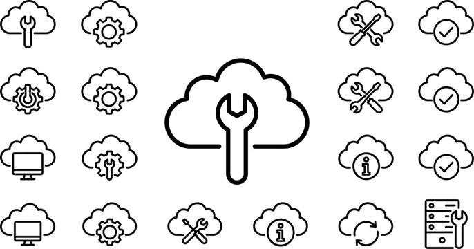Minimalist vector icons of cloud settings technical support database repair information services checkmarks and computer system configuration outline design elements. (20 words)