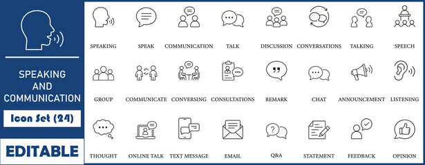 Naklejka premium Speaking and communication line icon set with 30 icons speech bubble, microphone, megaphone, podium, talk, voice, lecture, presentation. Clean linear vector, editable stroke for web.