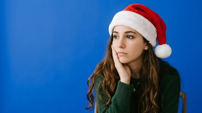 A thoughtful woman wearing a santa hat gazes off into the distance contemplating the holiday season