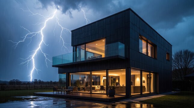 Modern luxury house with floor to ceiling glass windows illuminated at night during a dramatic thunderstorm with bright lightning bolts striking in the dark rainy sky above the garden