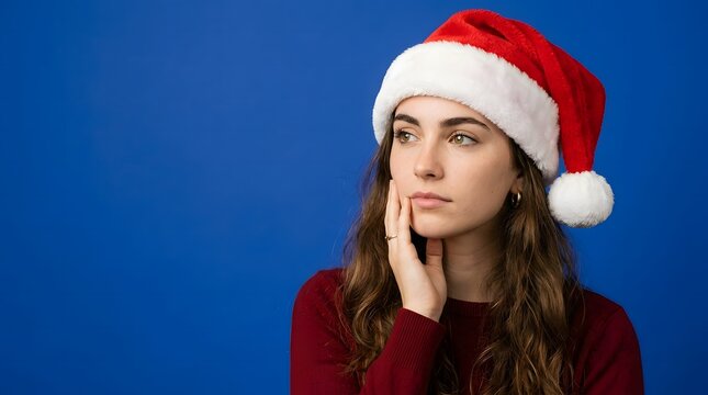 A thoughtful young woman wearing a santa hat contemplates the joy and magic of the christmas season