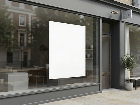 Empty retail storefront window with blank white signage space for branding or advertisement display