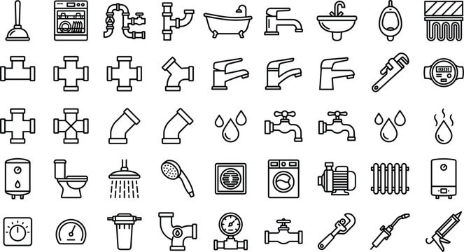 Modern Plumbing and Bathroom Line Icons Set Featuring Faucets Pipes Toilets Showers Water Heaters Drainage Fixtures and Sanitary Equipment Vector Collection