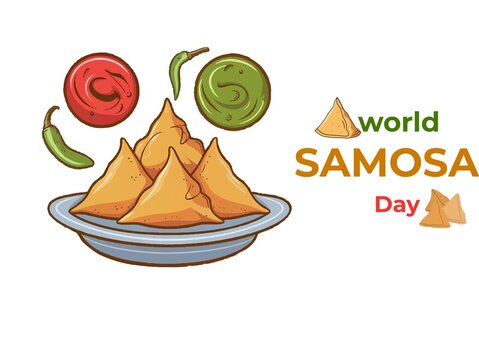 Hand-Drawn Vector Illustration of Crispy Samosas on a Plate with Chutney and Chilies for World Samosa Day 2026