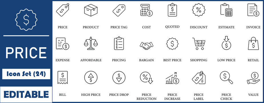 Price icon set. Containing product, price tag, cost, quotation, invoice, estimate, discount and more. line vector icons collection.
