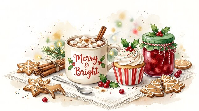 A delightful watercolor illustration showcasing festive christmas treats and warm beverages for a cozy holiday season