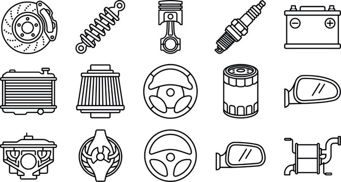 Automotive car auto parts line icon set featuring brake disc shock absorber piston spark plug battery radiator steering wheel and engine repair graphics. (23 words)