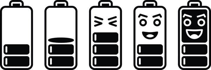 Powerful battery collection, energetic faces, distinct charging levels, simple line design, cute expressive symbols, glossy mobile icons, graphic illustrations for user interface