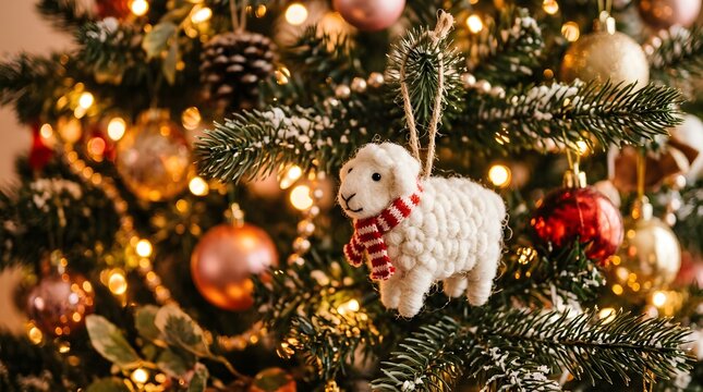 A beautifully decorated christmas tree adorned with ornaments and a charming fluffy sheep decoration