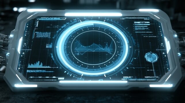 Futuristic user interface with glowing data display, graphs, and high-tech elements for sci-fi, technology, and innovation concepts in digital media