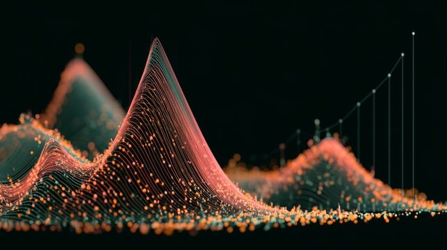 Abstract data visualization with peaks and valleys in vibrant colors representing growth, trends, and analysis in a digital landscape of information