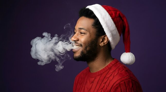 A joyful young man exhales a cloud of vapor while wearing a festive santa hat embracing the holiday spirit