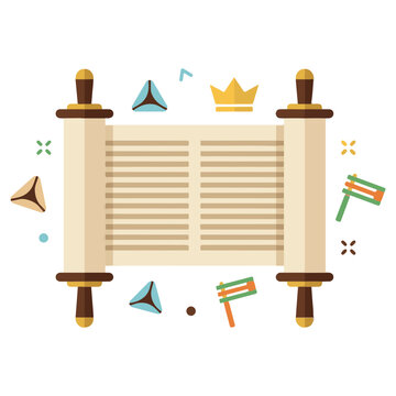 Purim holiday flat vector illustration featuring a megillah scroll crown hamantaschen pastries groggers
