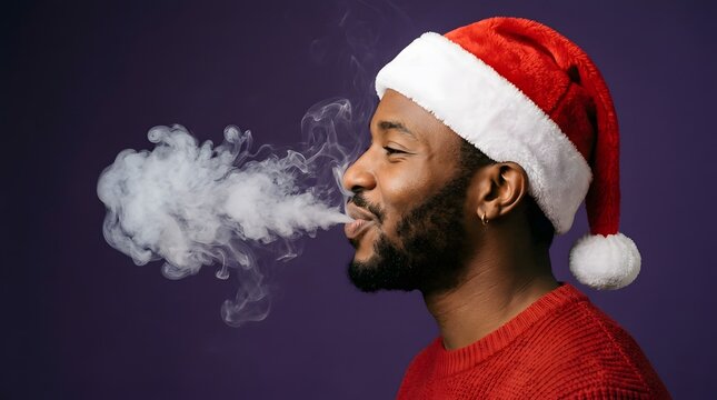 A joyful african american man exhales a cloud of vapor while wearing a santa hat spreading holiday cheer
