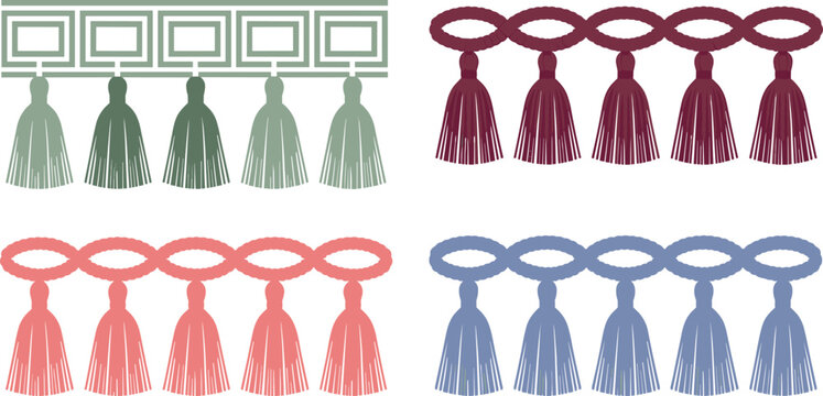 Tassel fringe border vector set illustration with decorative curtain trim elements for luxury home interior textile design pack