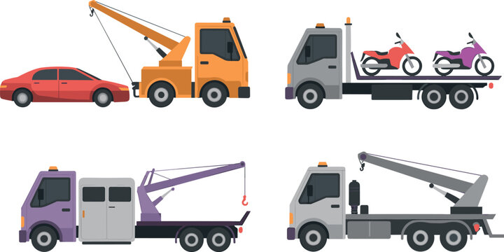 Tow truck vector cartoon set illustration with flatbed wrecker towing broken car recovery crane hauling motorcycles service