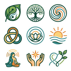 Obraz premium This diverse grid displays nine colorful line icons, including a yin-yang leaf, tree of life, and meditating figure, representing spirituality, wellness, and natural balance.