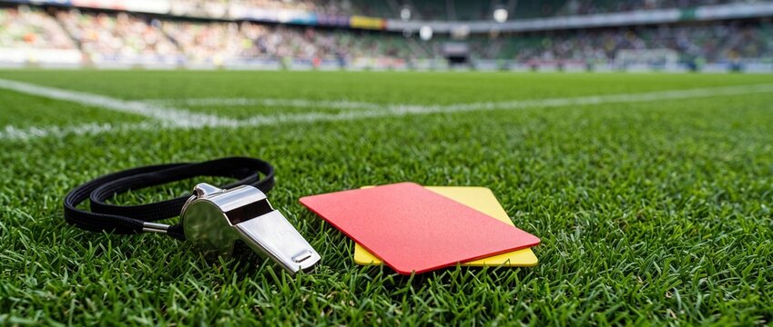 Referee Cards and Whistle on Soccer Stadium Grass