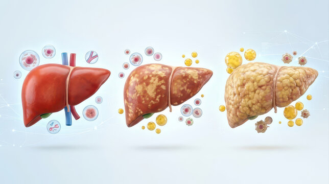 Illustration of fatty liver progression from healthy tissue to advanced liver disease with cellular changes and floating medical symbols
