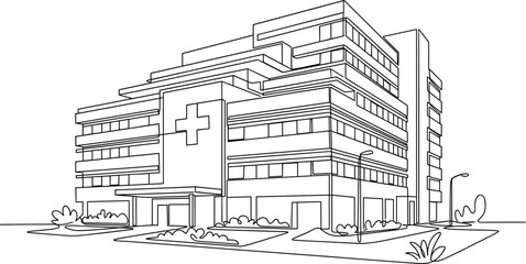Fototapeta premium Modern multi story hospital building facade with medical cross sign drawing in single continuous line art vector style