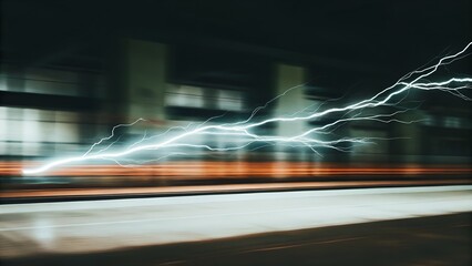 Fototapeta premium Electric Lightning Bolt Striking Across Night City Street with Motion Blur