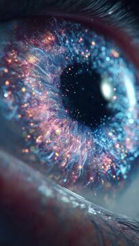 Extreme Macro Human Eye with Galaxy Nebula Patterned Glowing Iris